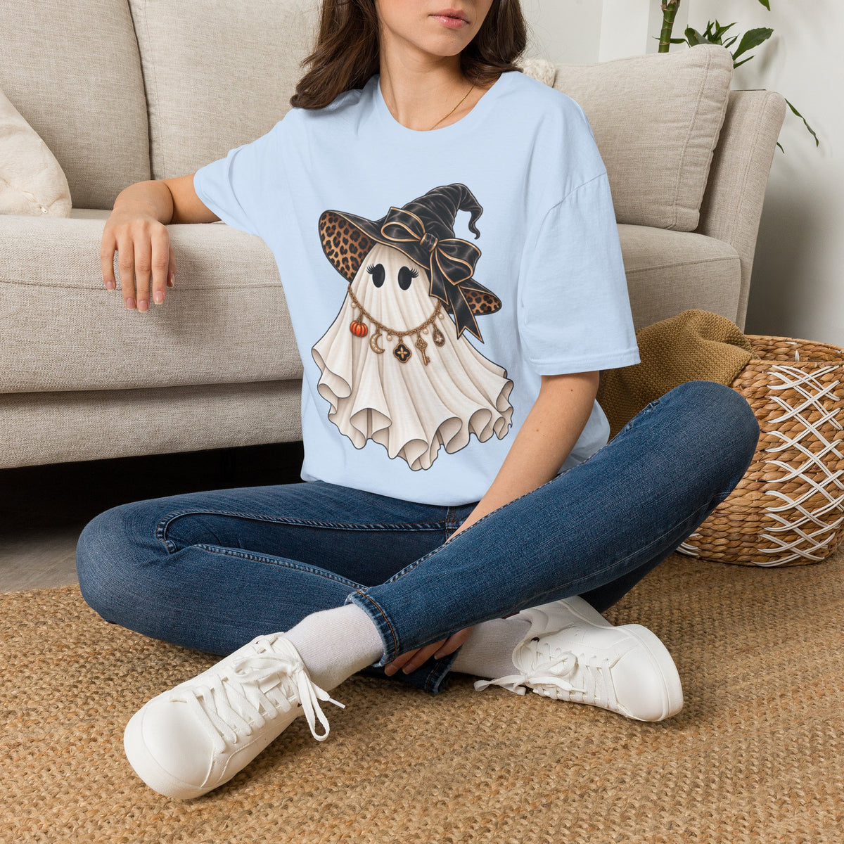 Women Halloween Ghost with Witch Hat T-Shirt