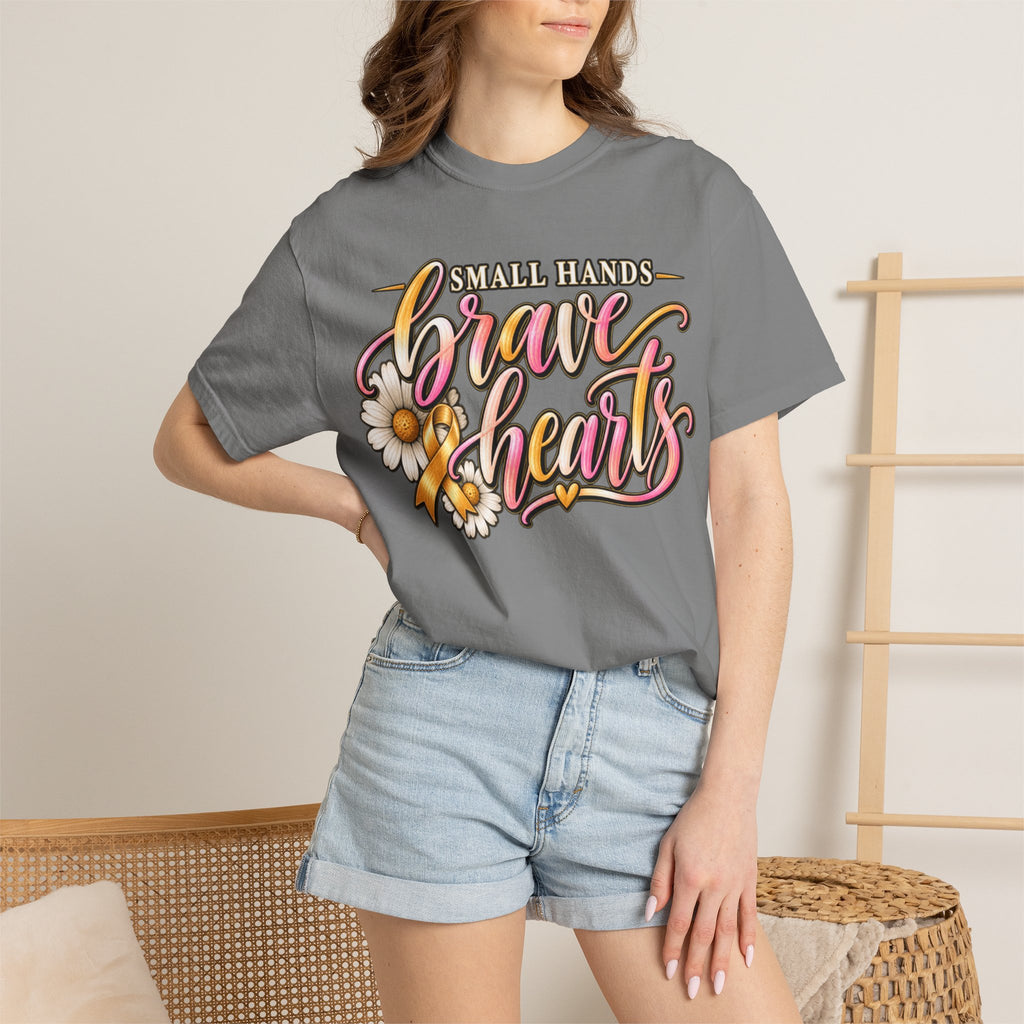Women Comfort Colors Brave Hearts T-Shirt — "Small Hands, Brave Hearts" Floral Awareness Tee