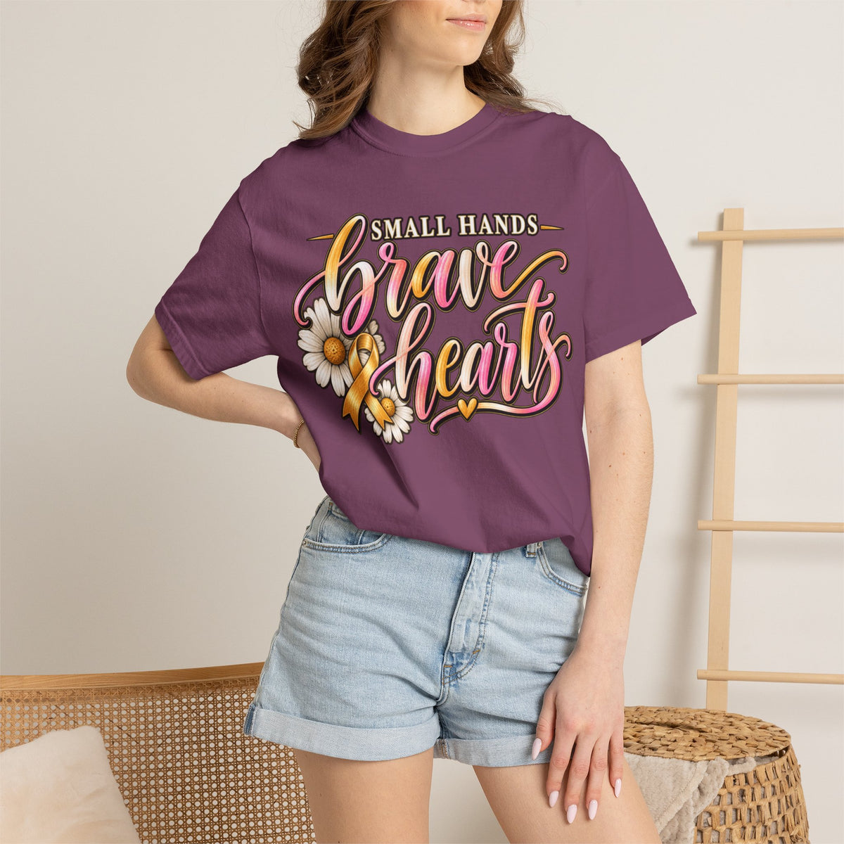 Women Comfort Colors Brave Hearts T-Shirt — "Small Hands, Brave Hearts" Floral Awareness Tee