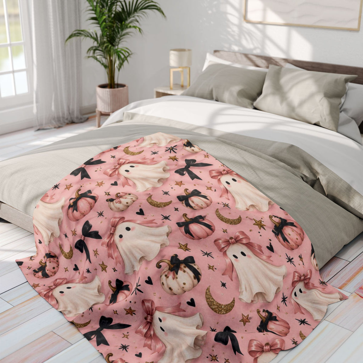 Pink Halloween Ghost Fleece Blanket