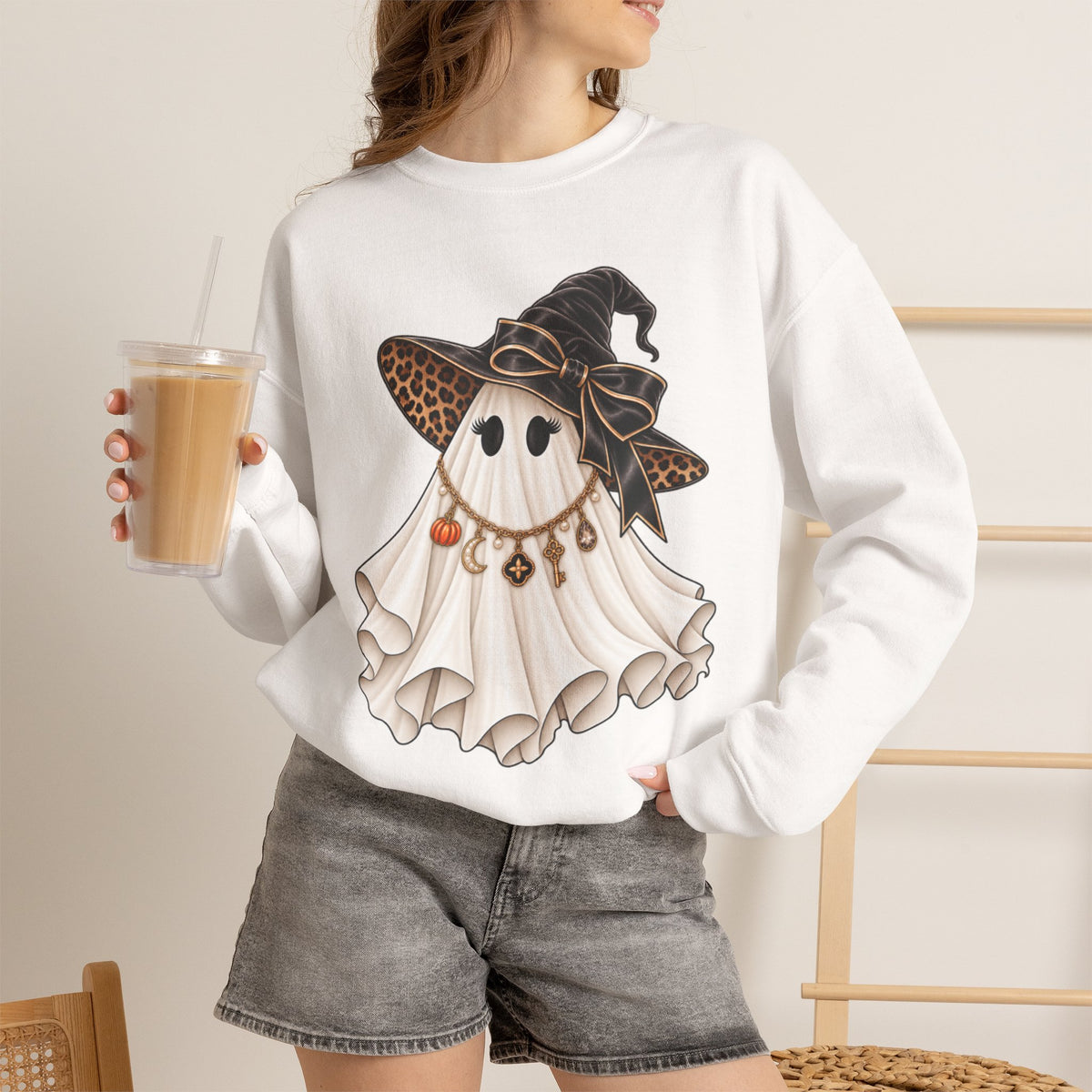 Women Halloween Ghost with Witch Hat Sweatshirt