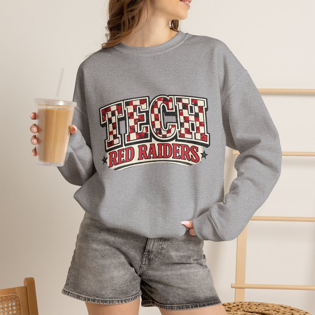 Women Tech Red Raiders Retro Plaid Crewneck