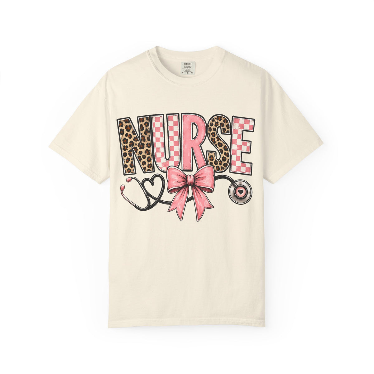 Nurse Pink Leopard Bow T-Shirt — Stethoscope Heart Graphic for Nurses