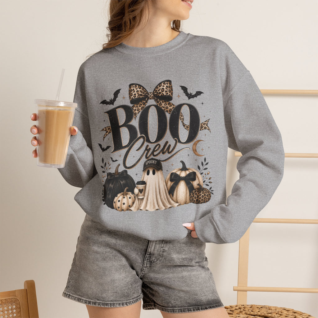 Women Boo Crew Halloween Sweatshirt — Cute Ghosts & Leopard Bow Fall Crewneck