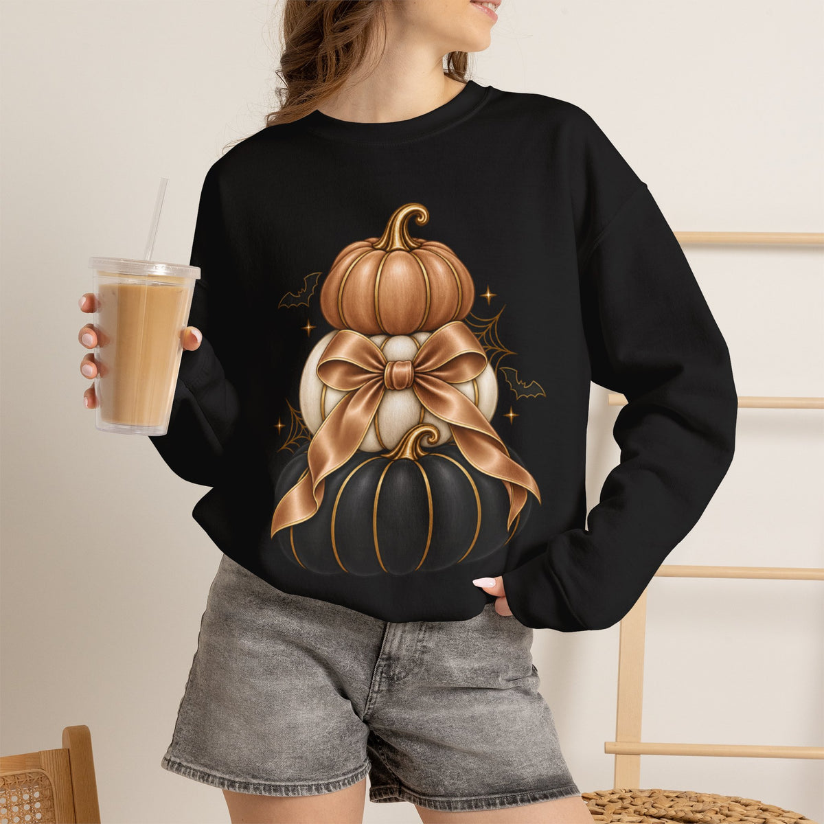 Halloween Stacked Pumpkins Sweatshirt — Black & Gold Pumpkin Bow Crewneck