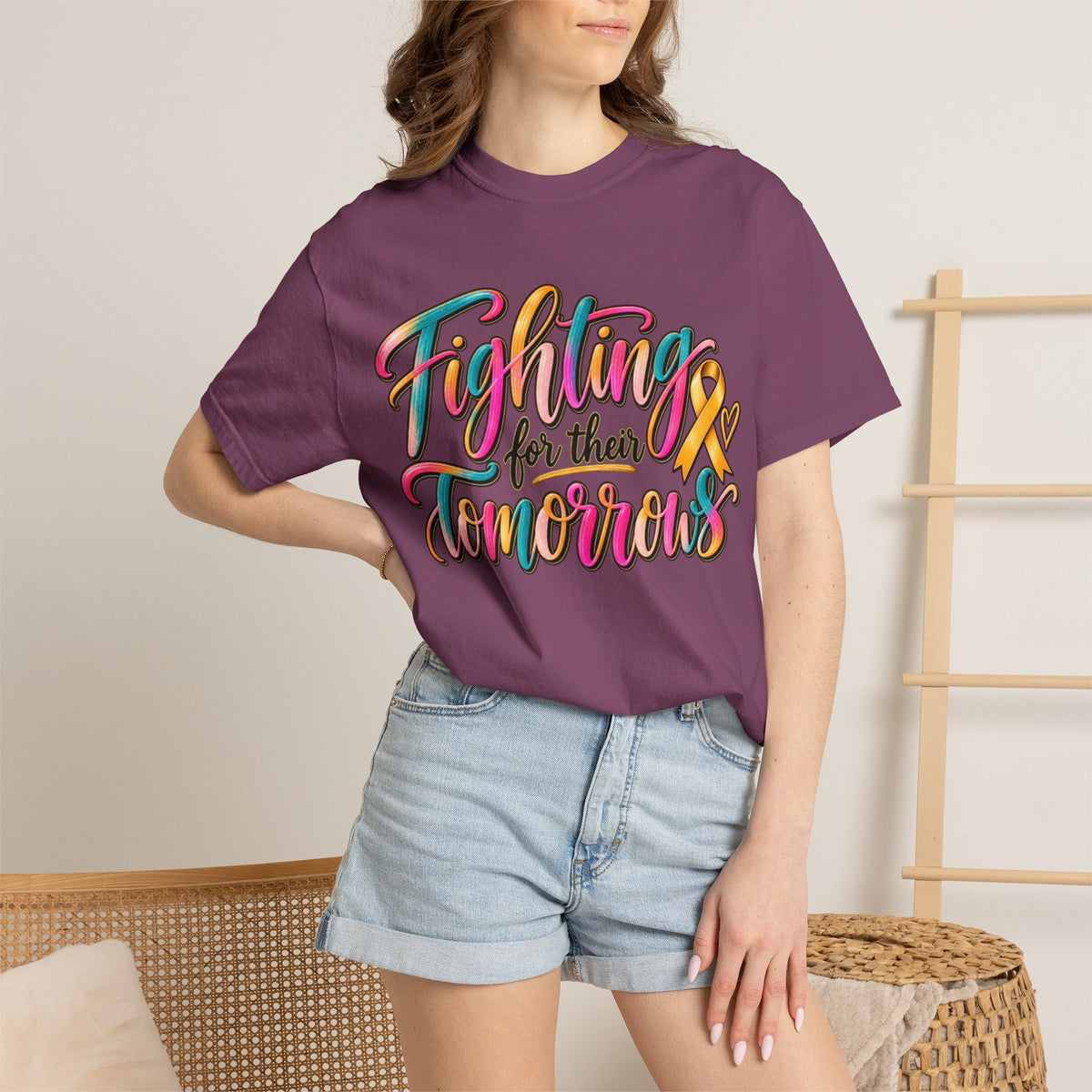 Women Comfort Colors Fighting for Their Tomorrows T-Shirt — Childhood Cancer Awareness Ribbon Tee