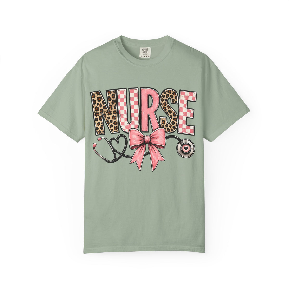 Nurse Pink Leopard Bow T-Shirt — Stethoscope Heart Graphic for Nurses
