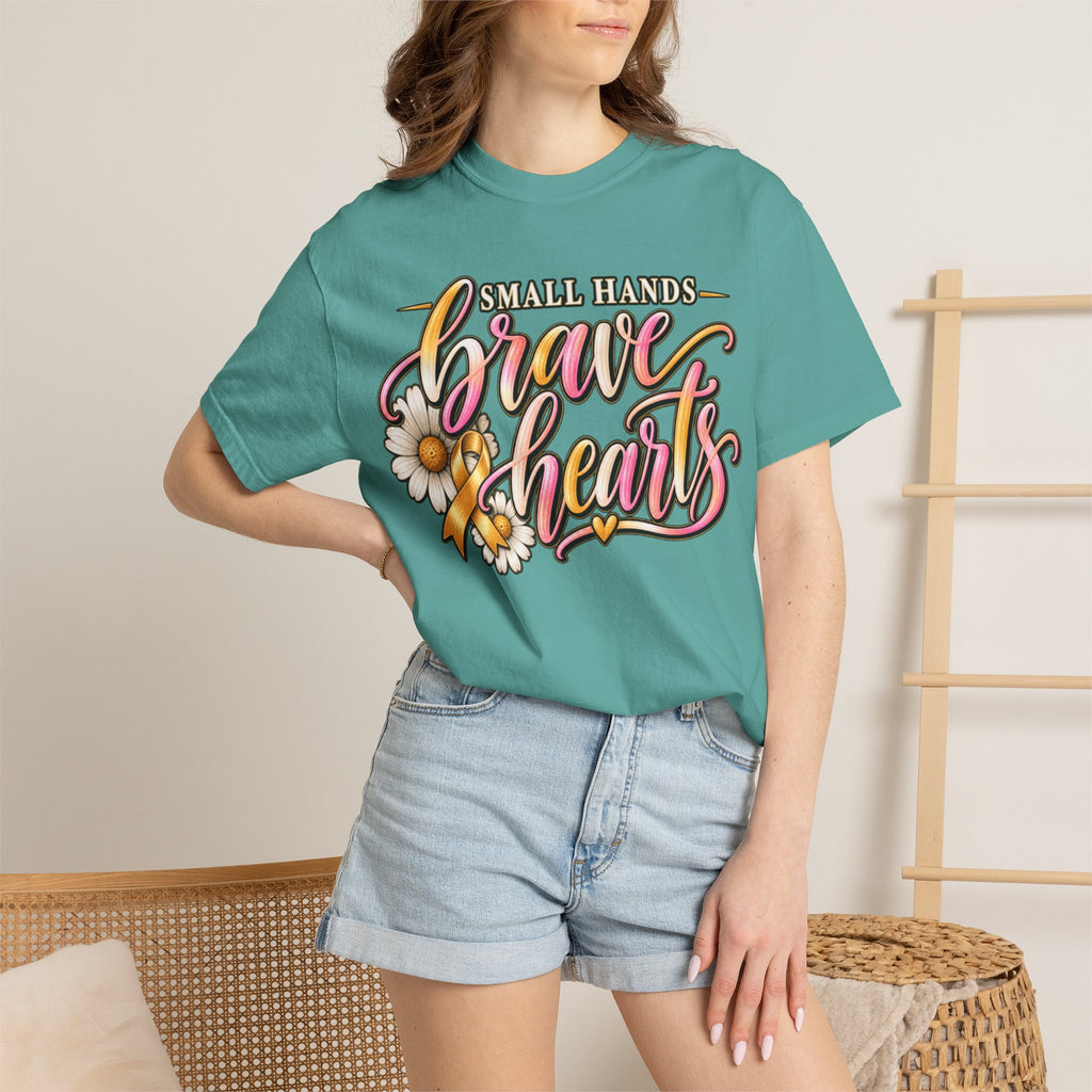 Women Comfort Colors Brave Hearts T-Shirt — "Small Hands, Brave Hearts" Floral Awareness Tee