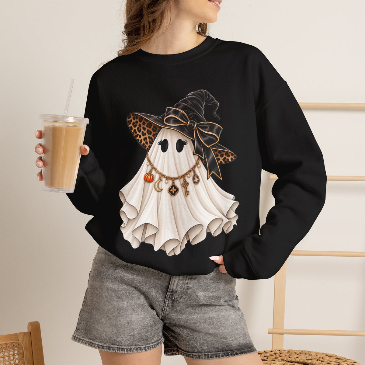 Women Halloween Ghost with Witch Hat Sweatshirt