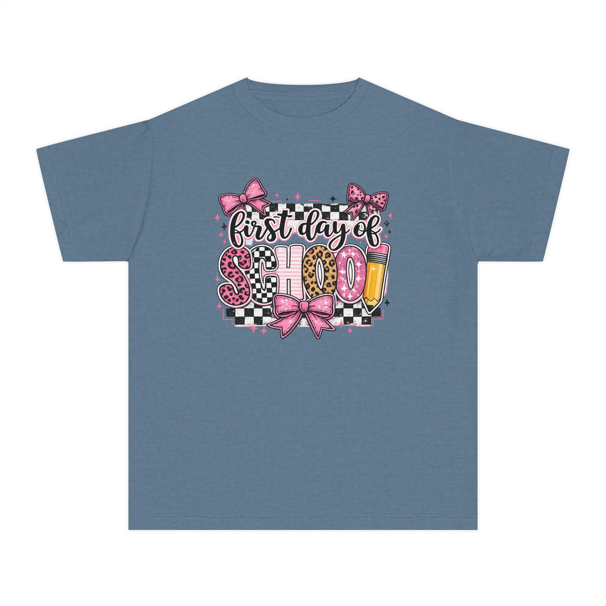 First Day of School Youth Tee — Pink Bow Checkerboard Back-to-School Shirt