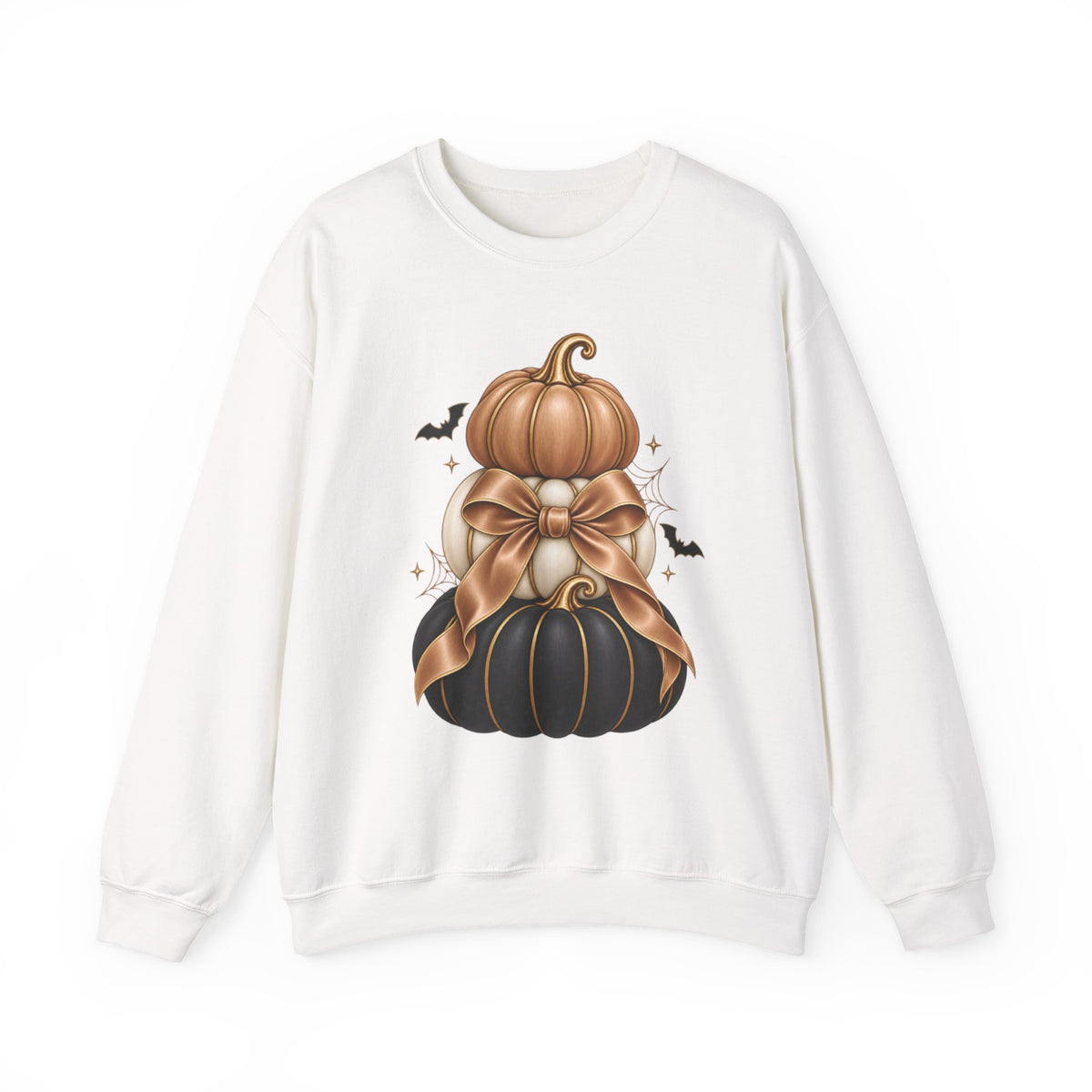 Halloween Stacked Pumpkins Sweatshirt — Black & Gold Pumpkin Bow Crewneck