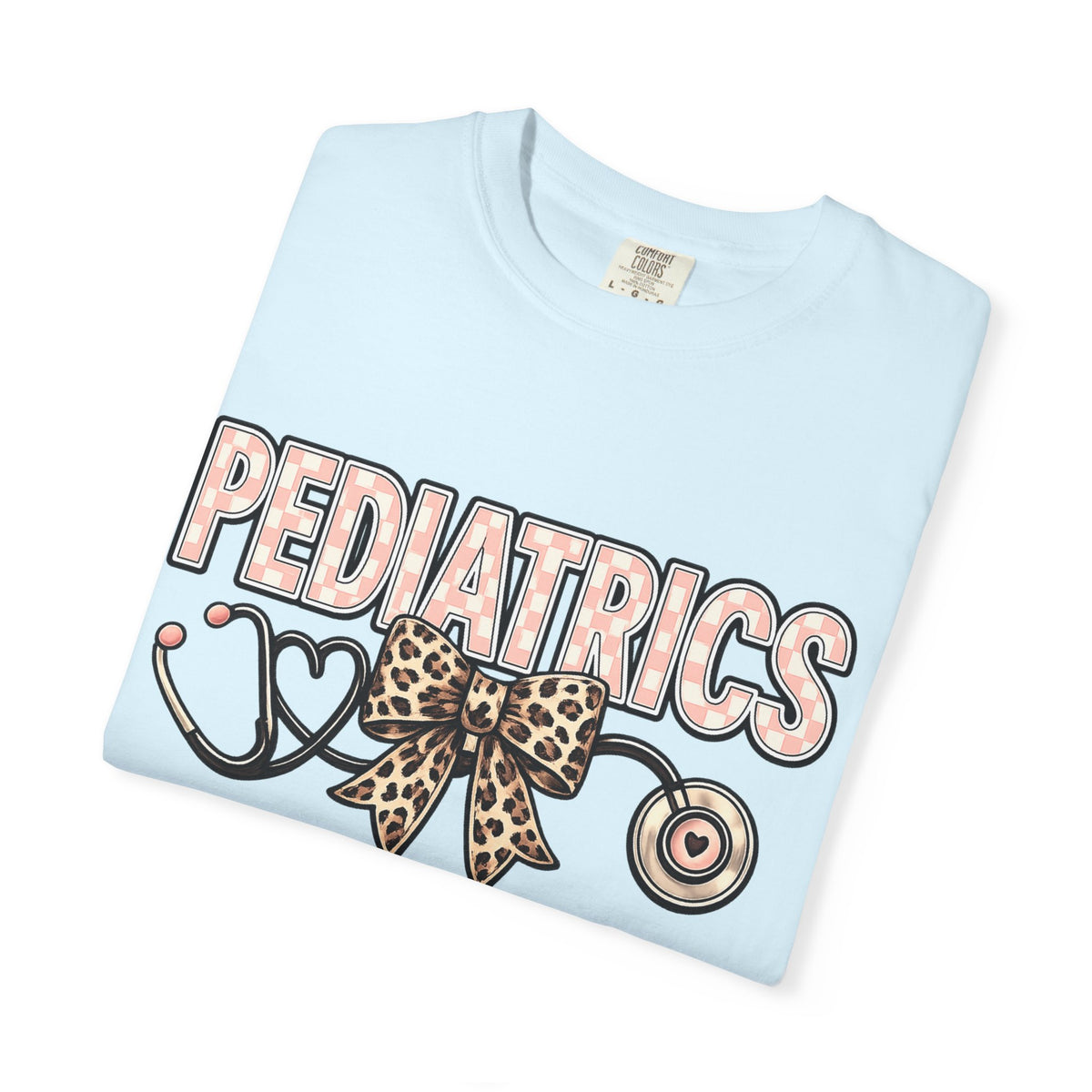 Pediatrics T-Shirt with Leopard Bow & Stethoscope — Cute Medical Tee for Pediatric Nurses/Doctors