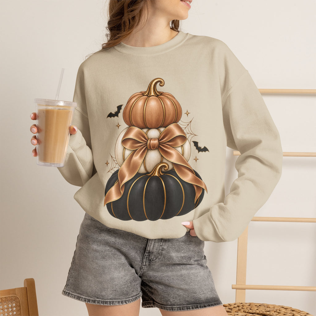 Halloween Stacked Pumpkins Sweatshirt — Black & Gold Pumpkin Bow Crewneck