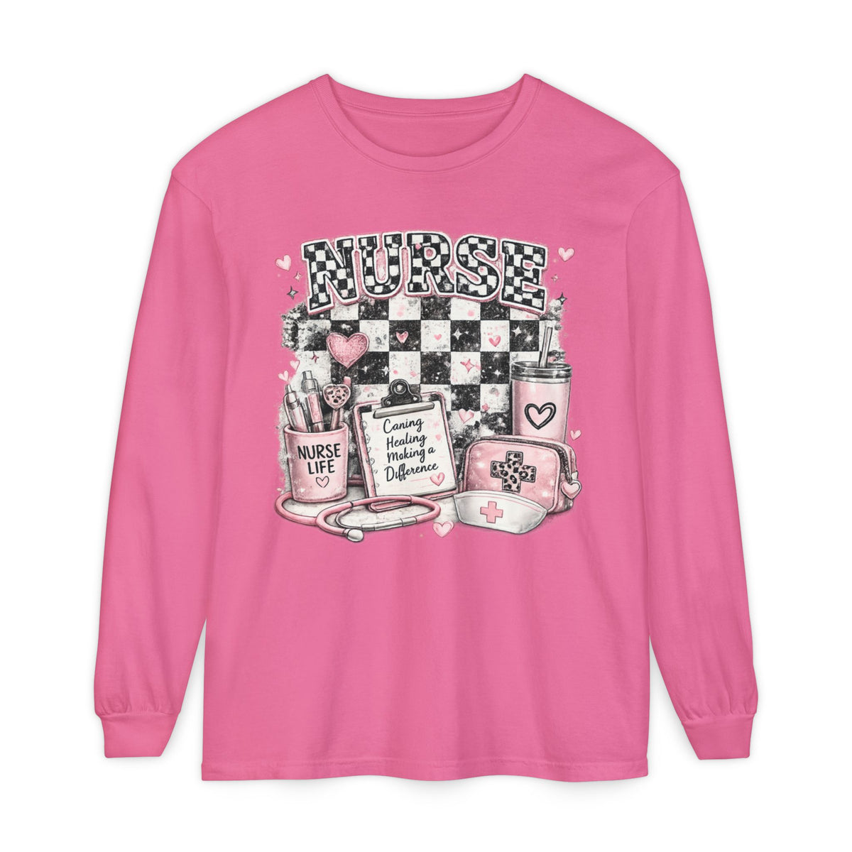Nurse Life Long Sleeve Tee — Pink Checkerboard