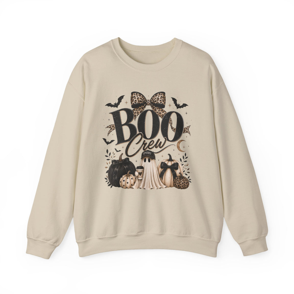 Women Boo Crew Halloween Sweatshirt — Cute Ghosts & Leopard Bow Fall Crewneck