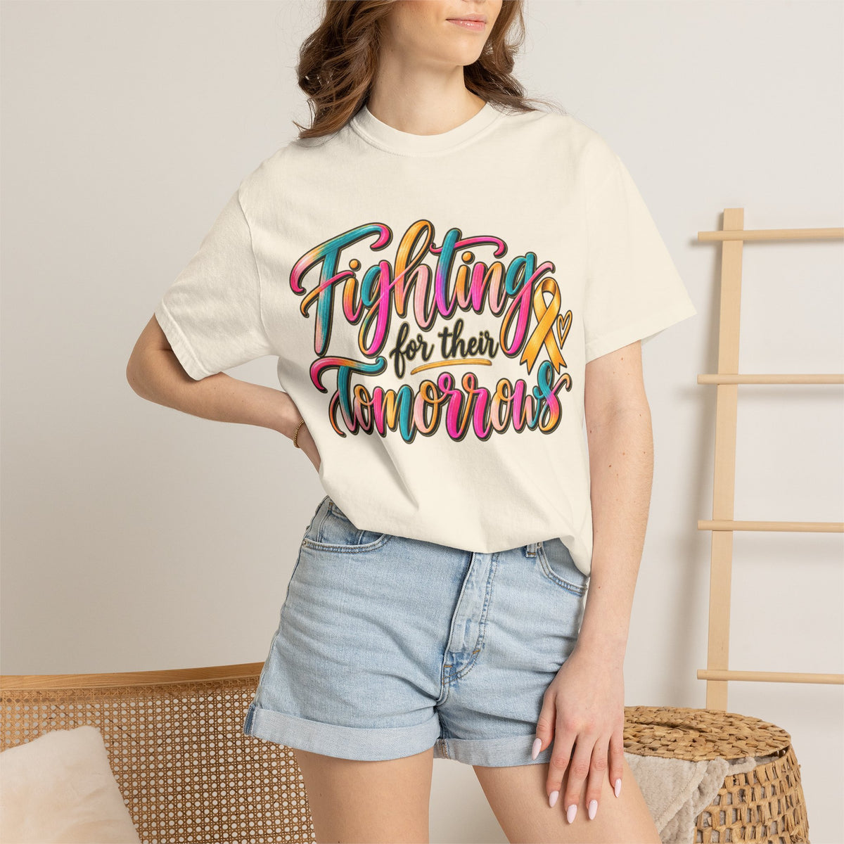 Women Comfort Colors Fighting for Their Tomorrows T-Shirt — Childhood Cancer Awareness Ribbon Tee