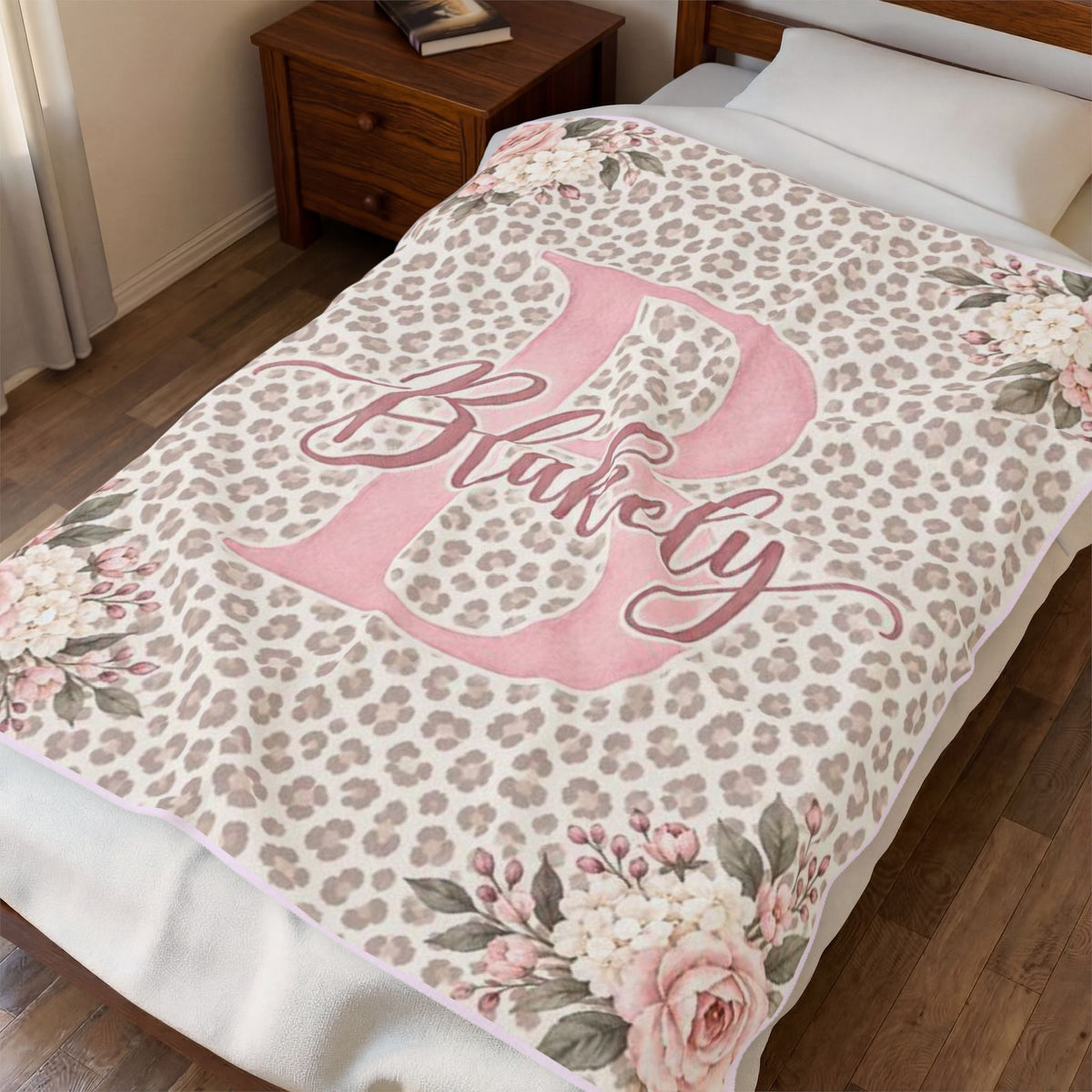 Personalized Velveteen Blanket — Blush Leopard Monogram with Floral Corners (Custom Name)