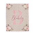 Personalized Velveteen Blanket — Blush Leopard Monogram with Floral Corners (Custom Name)