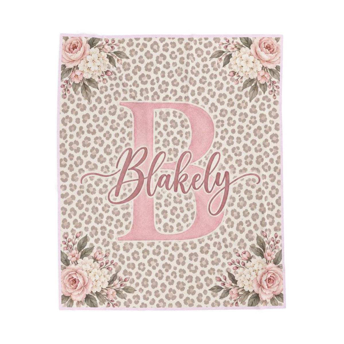 Personalized Velveteen Blanket — Blush Leopard Monogram with Floral Corners (Custom Name)