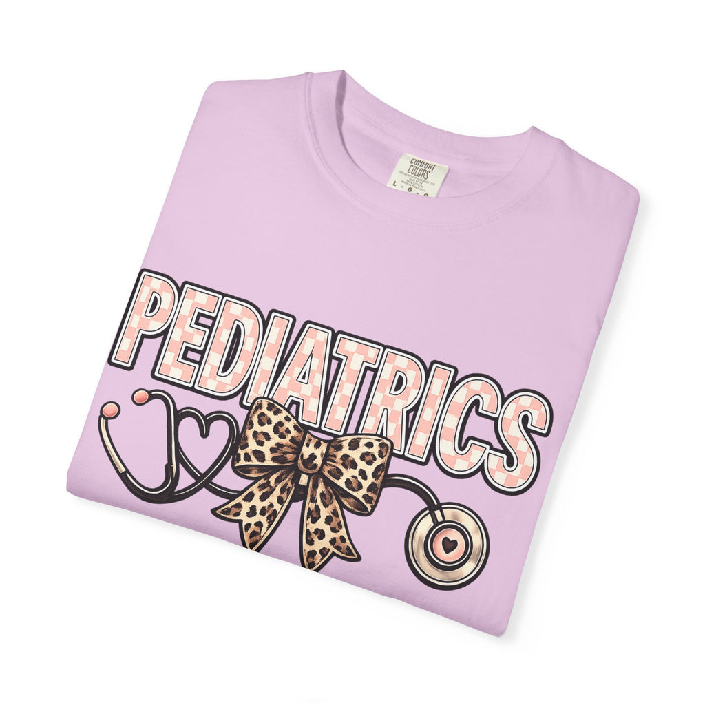 Pediatrics T-Shirt with Leopard Bow & Stethoscope — Cute Medical Tee for Pediatric Nurses/Doctors