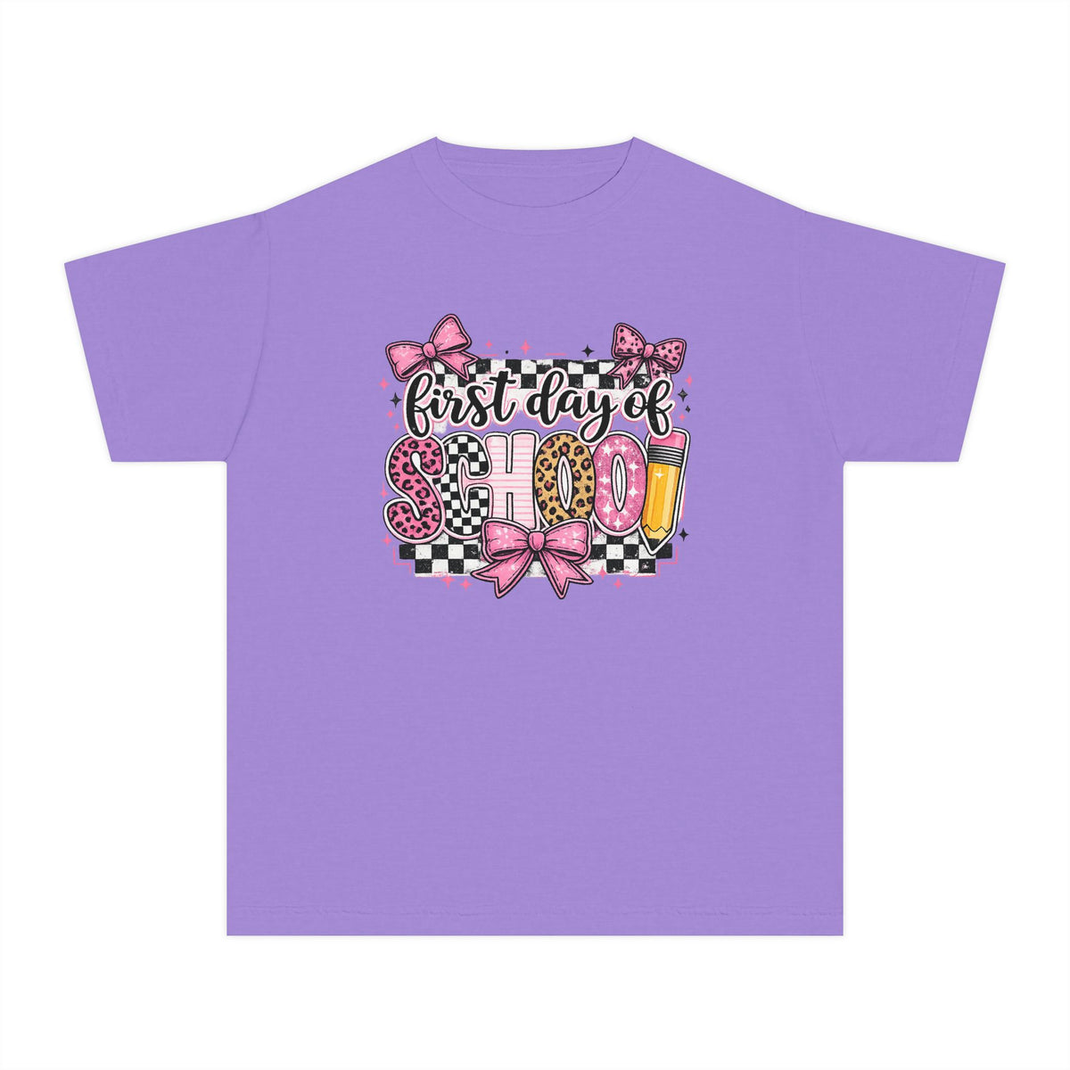 First Day of School Youth Tee — Pink Bow Checkerboard Back-to-School Shirt