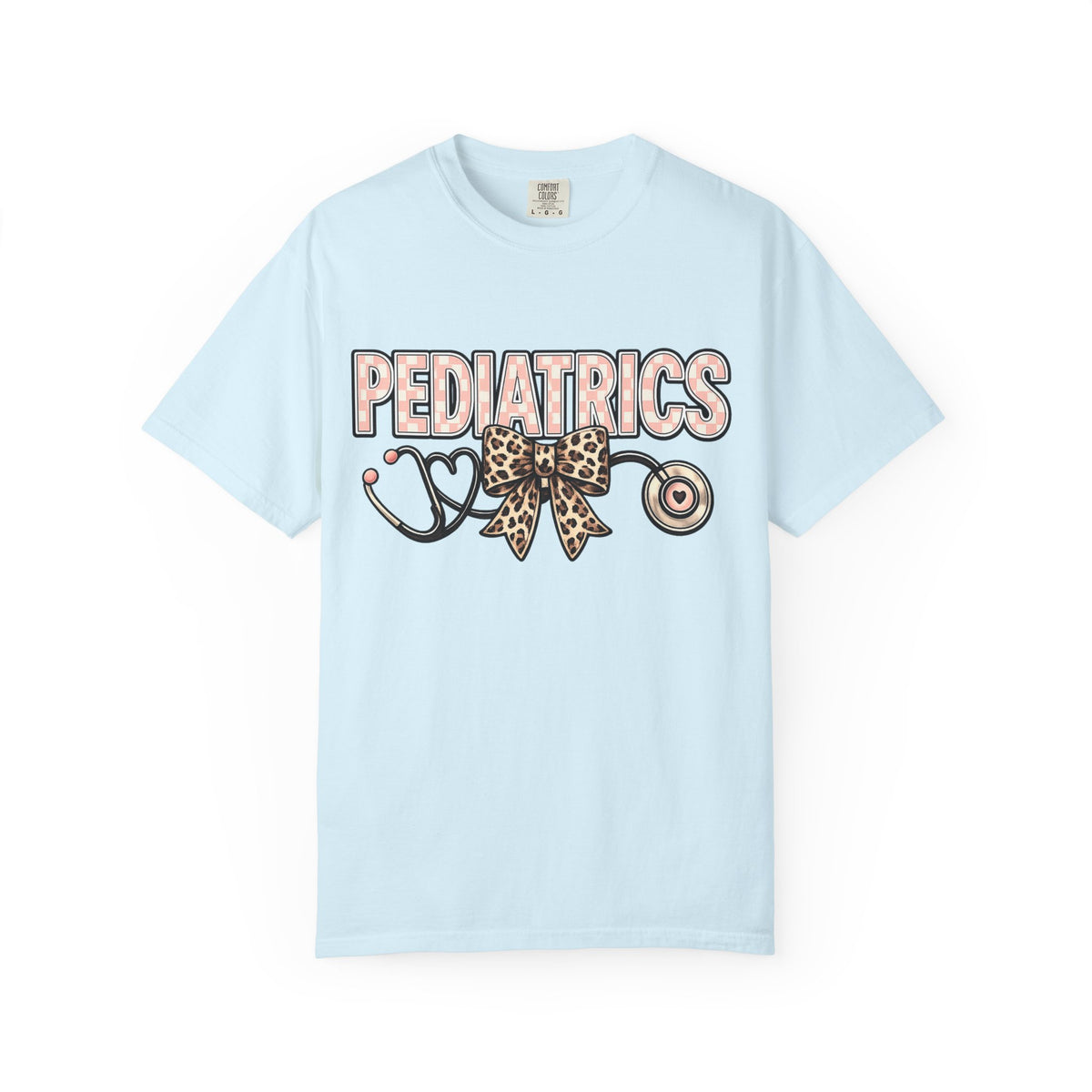 Pediatrics T-Shirt with Leopard Bow & Stethoscope — Cute Medical Tee for Pediatric Nurses/Doctors