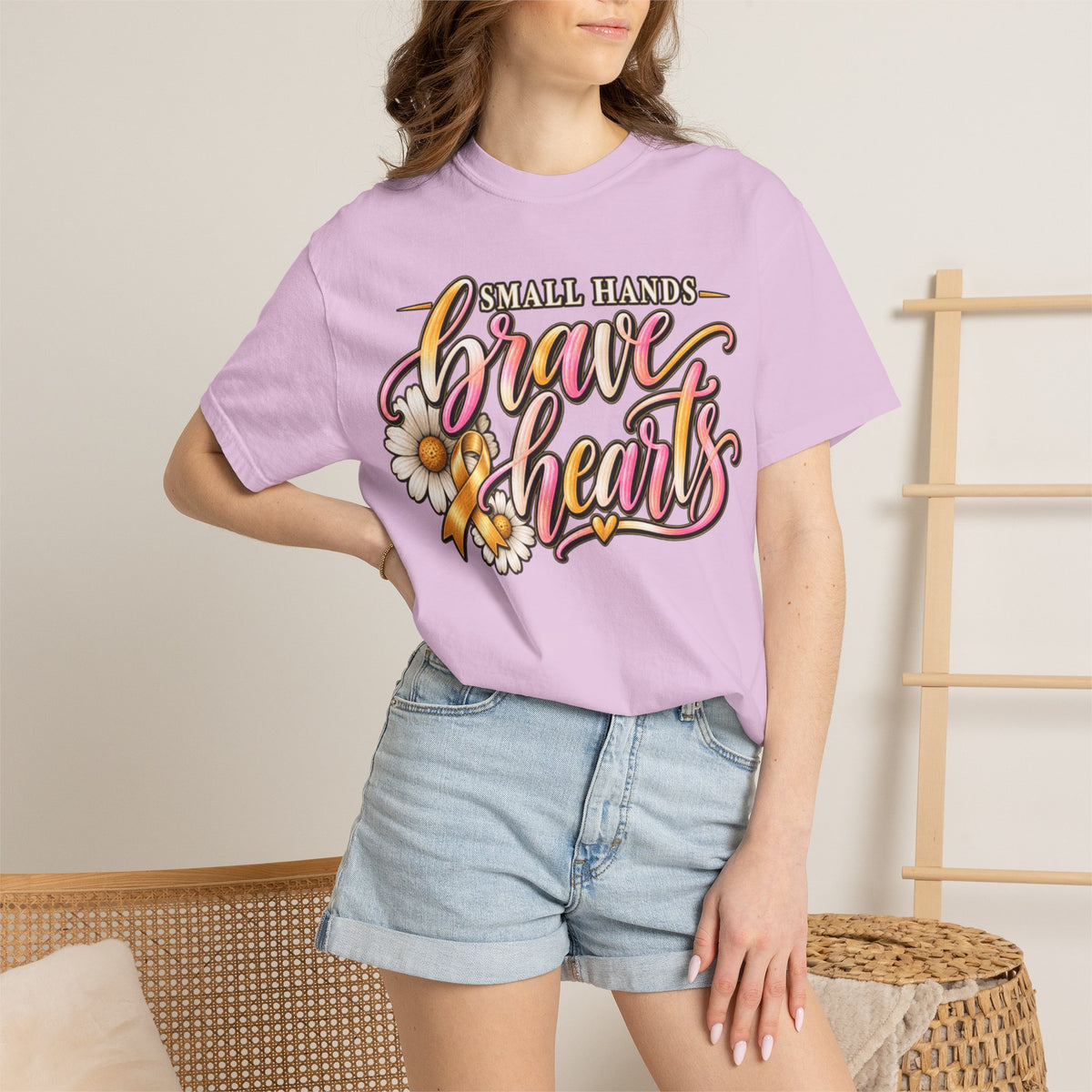Women Comfort Colors Brave Hearts T-Shirt — "Small Hands, Brave Hearts" Floral Awareness Tee