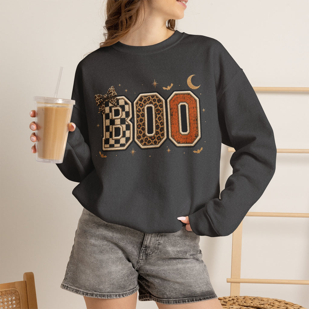 Women Halloween 'BOO' Crewneck Sweatshirt — Retro Checker & Leopard Accent