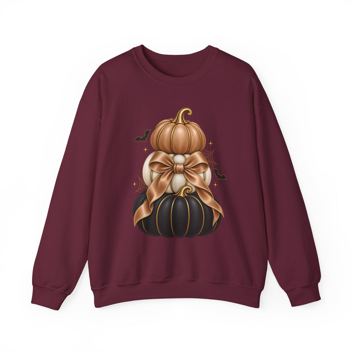 Halloween Stacked Pumpkins Sweatshirt — Black & Gold Pumpkin Bow Crewneck