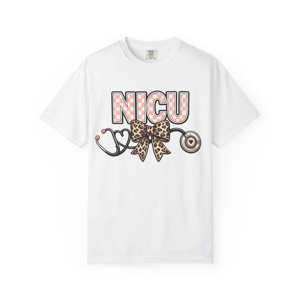 NICU Stethoscope Tee — Leopard Bow Neon Polka Dot Design