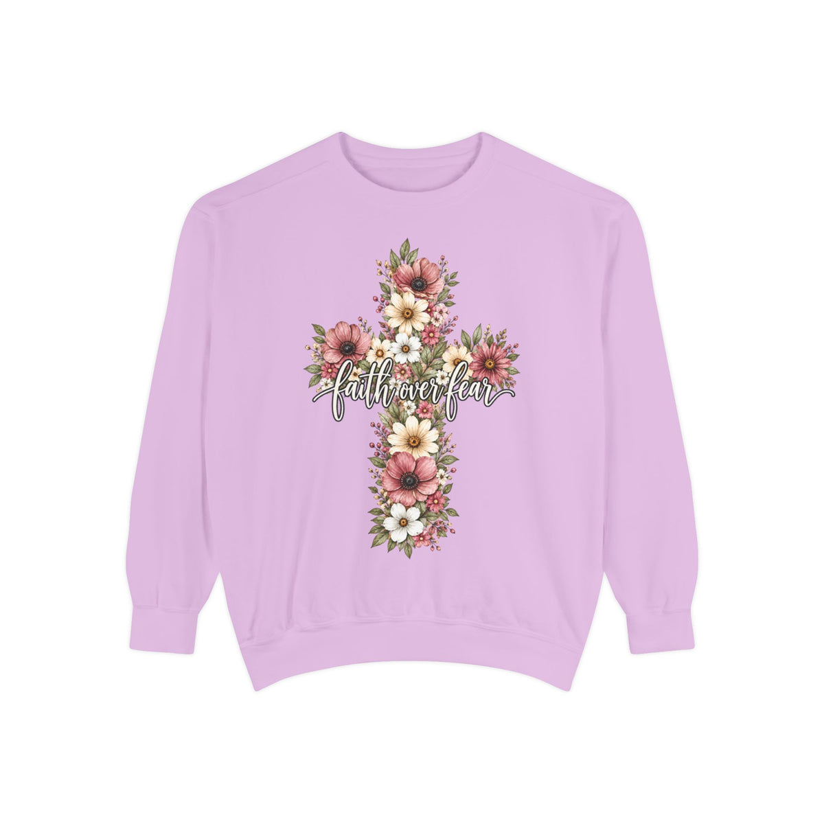 Women Comfort Colors Faith Over Fear Floral Cross Sweatshirt