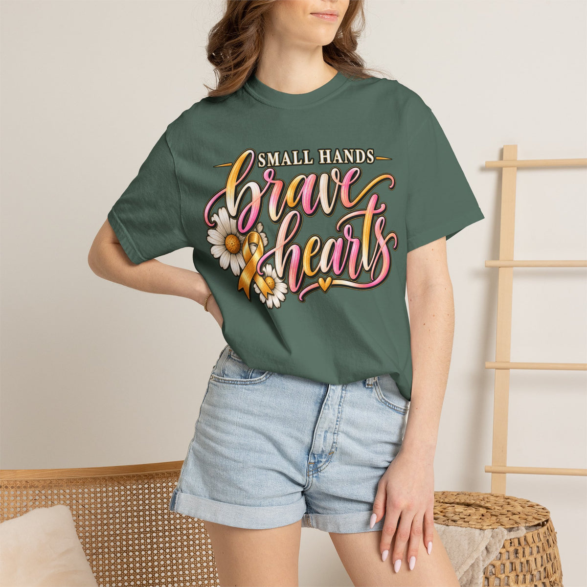 Women Comfort Colors Brave Hearts T-Shirt — "Small Hands, Brave Hearts" Floral Awareness Tee