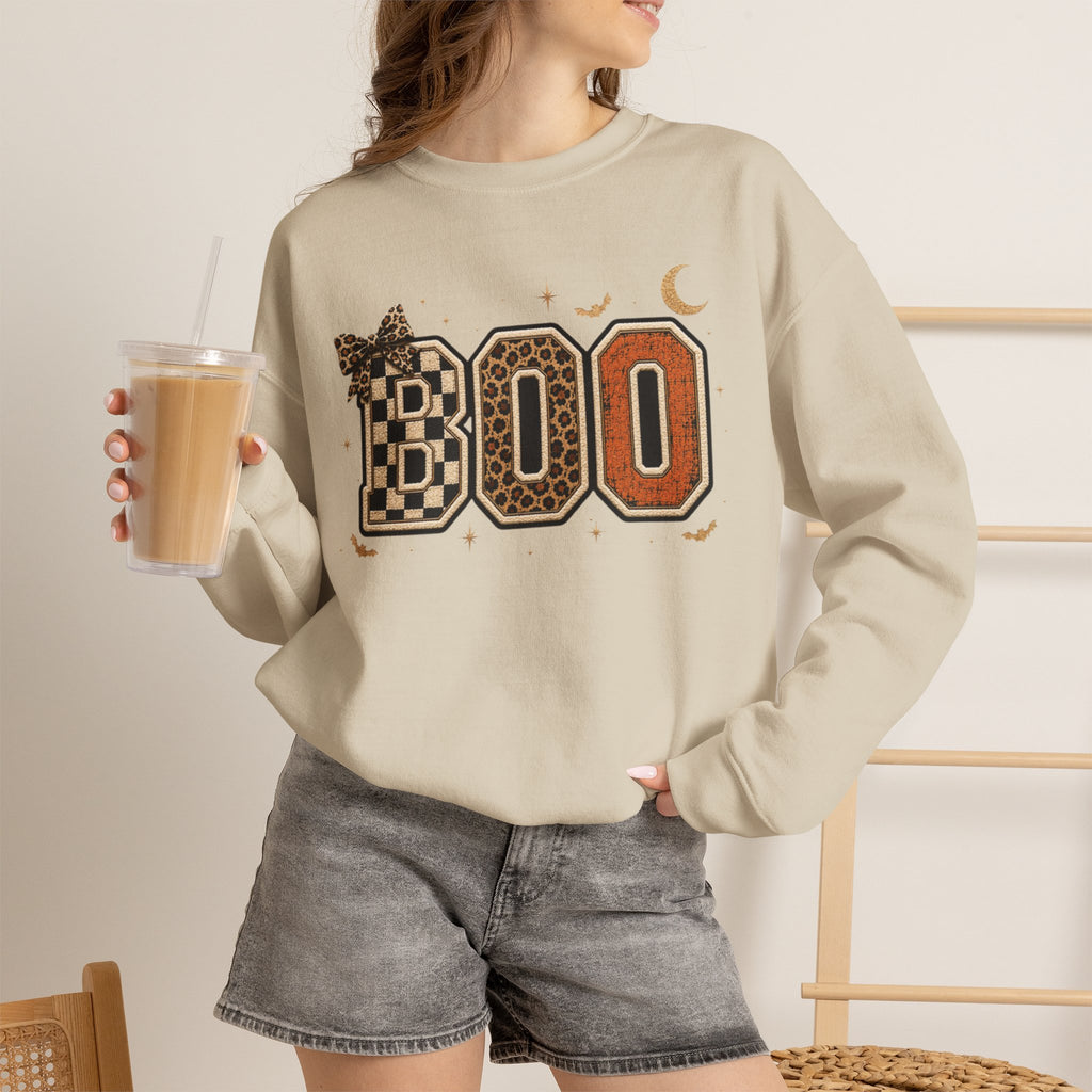 Women Halloween 'BOO' Crewneck Sweatshirt — Retro Checker & Leopard Accent