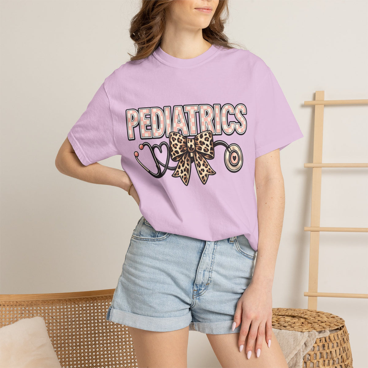 Pediatrics T-Shirt with Leopard Bow & Stethoscope — Cute Medical Tee for Pediatric Nurses/Doctors