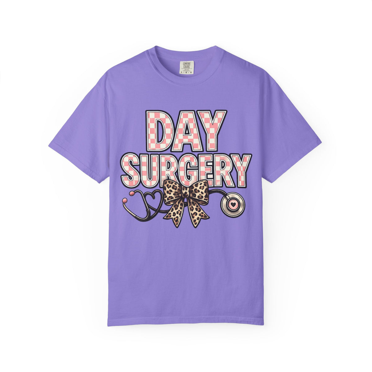 Day Surgery Nurse T‑Shirt — Pink Plaid & Leopard Bow Stethoscope Tee