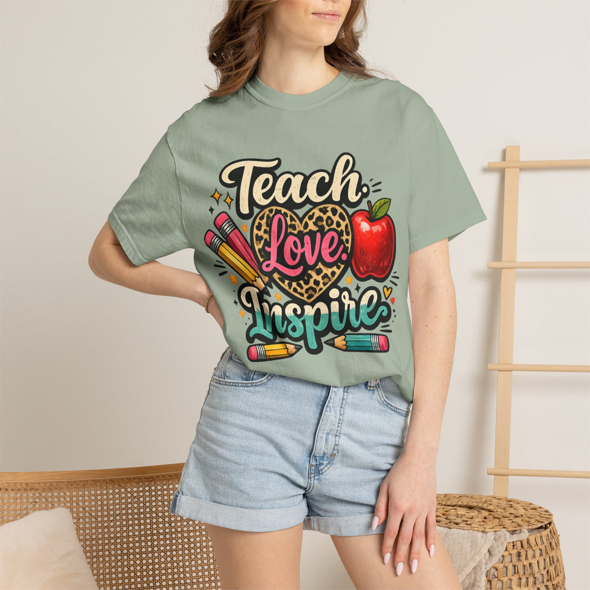 Teacher “Teach Love Inspire” T‑Shirt — Apple & Pencils Teacher Appreciation Tee