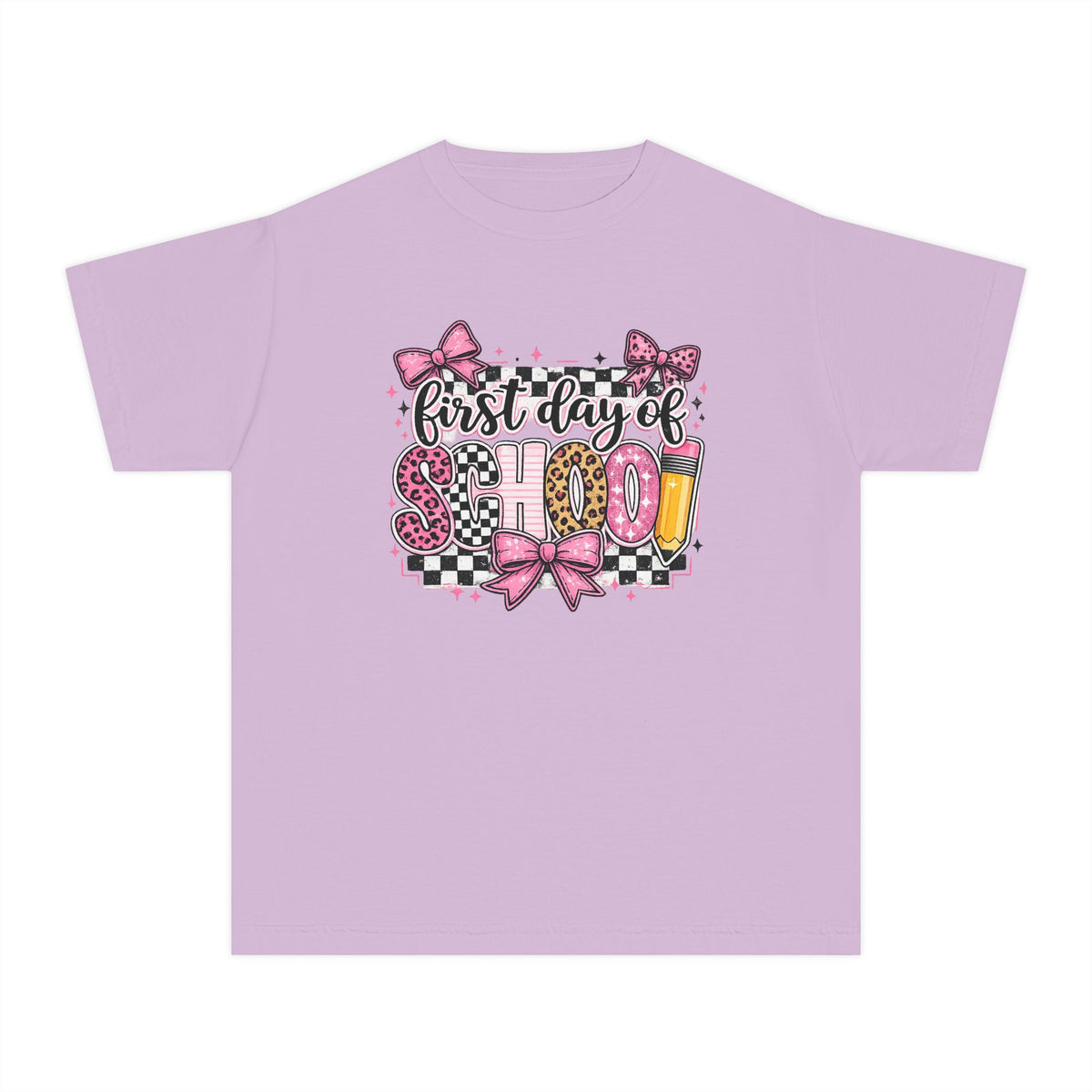 First Day of School Youth Tee — Pink Bow Checkerboard Back-to-School Shirt