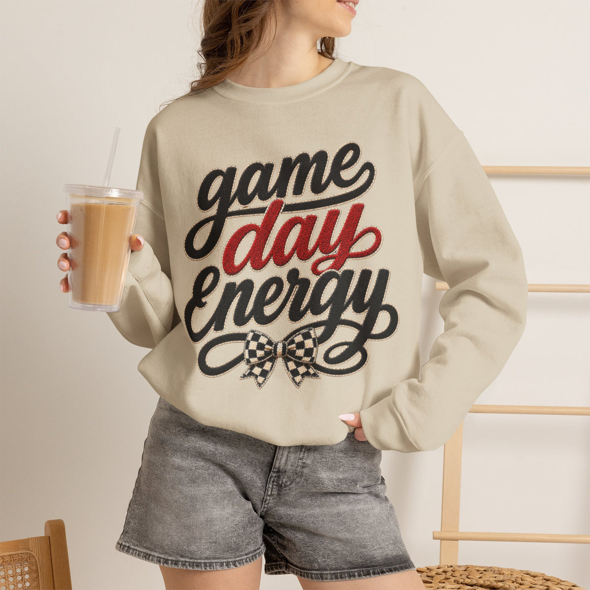 Women "Game Day Energy" Retro Script with Checkered Bow