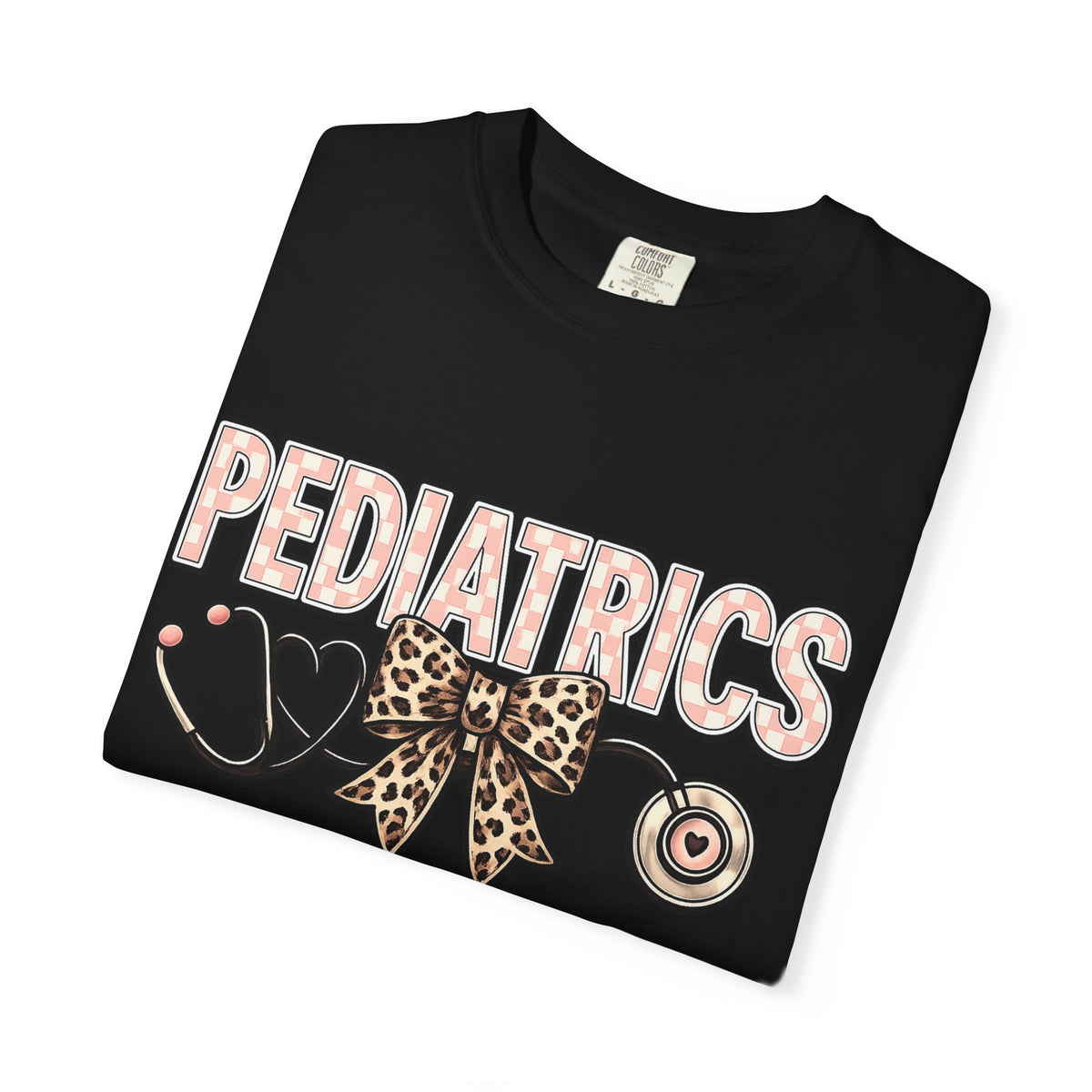 Pediatrics T-Shirt with Leopard Bow & Stethoscope — Cute Medical Tee for Pediatric Nurses/Doctors