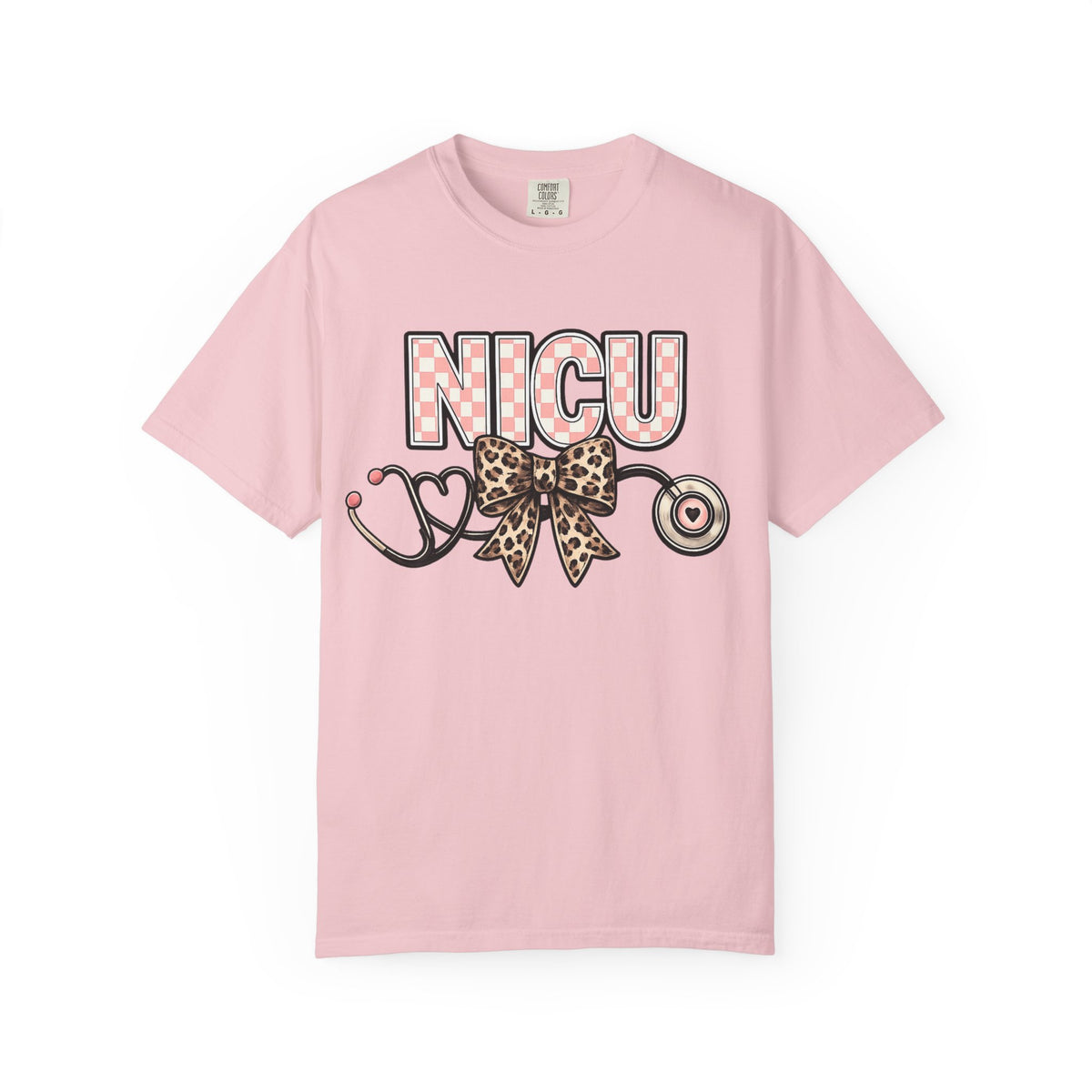 NICU Stethoscope Tee — Leopard Bow Neon Polka Dot Design