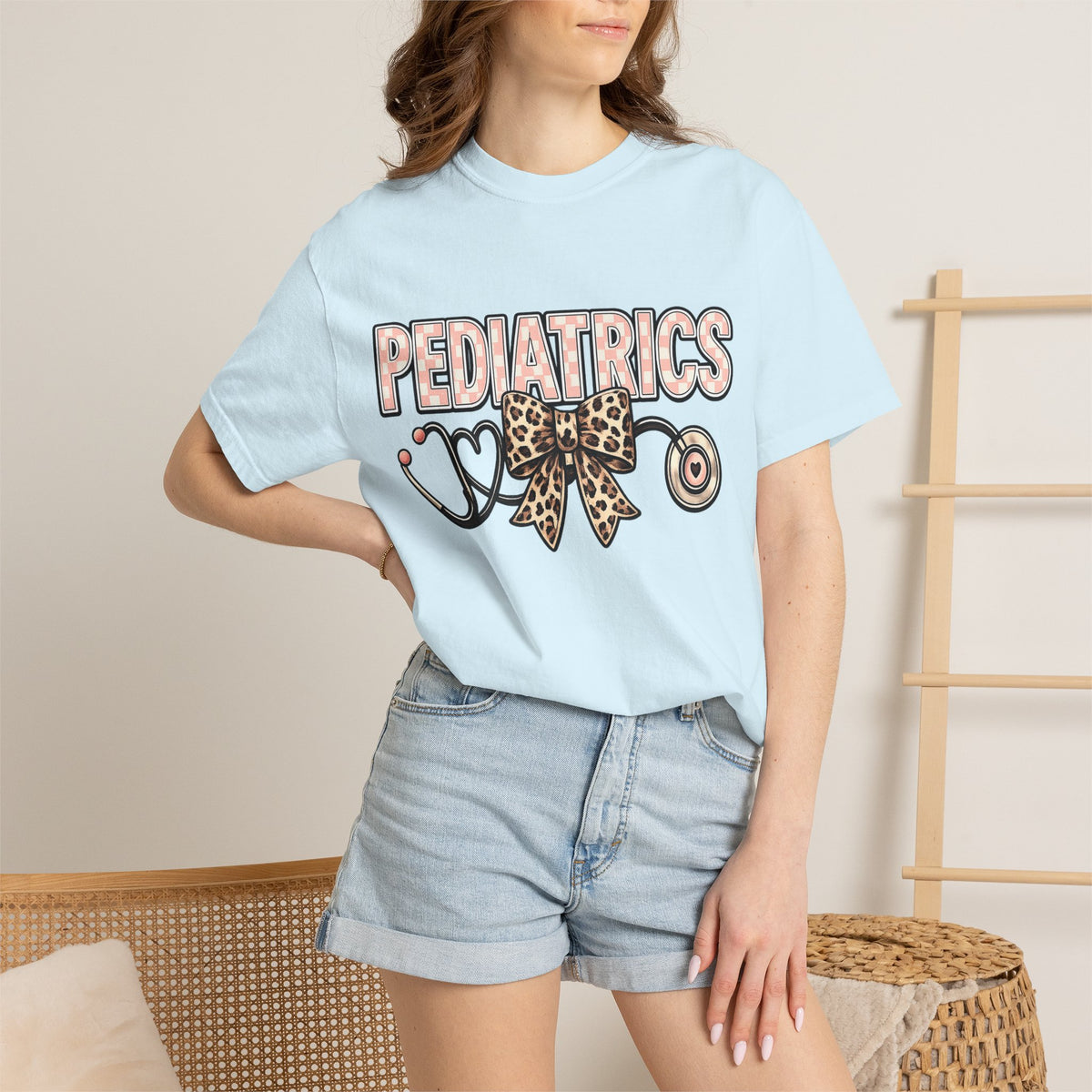 Pediatrics T-Shirt with Leopard Bow & Stethoscope — Cute Medical Tee for Pediatric Nurses/Doctors