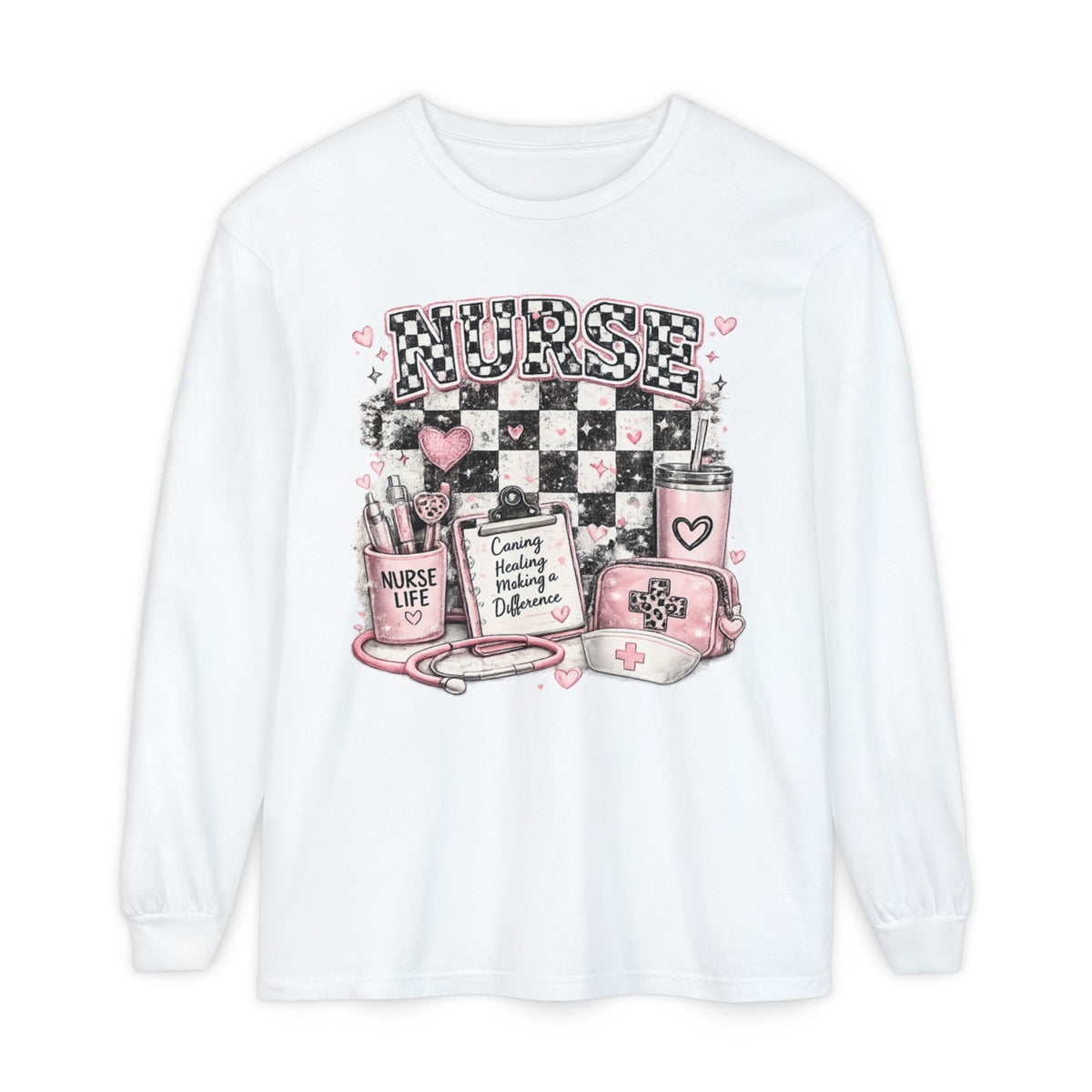 Nurse Life Long Sleeve Tee — Pink Checkerboard