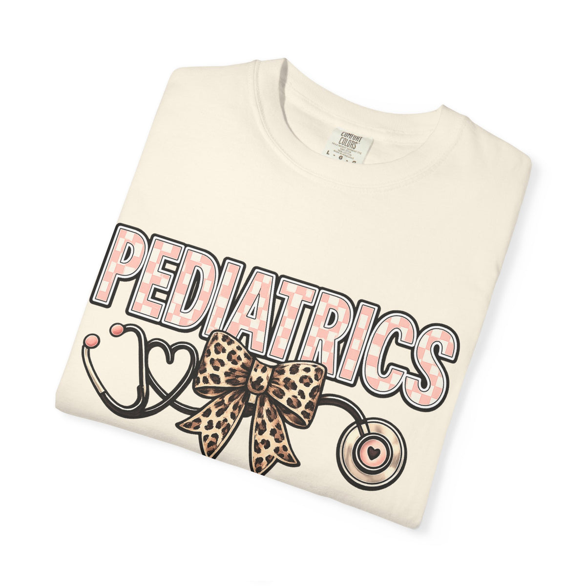 Pediatrics T-Shirt with Leopard Bow & Stethoscope — Cute Medical Tee for Pediatric Nurses/Doctors