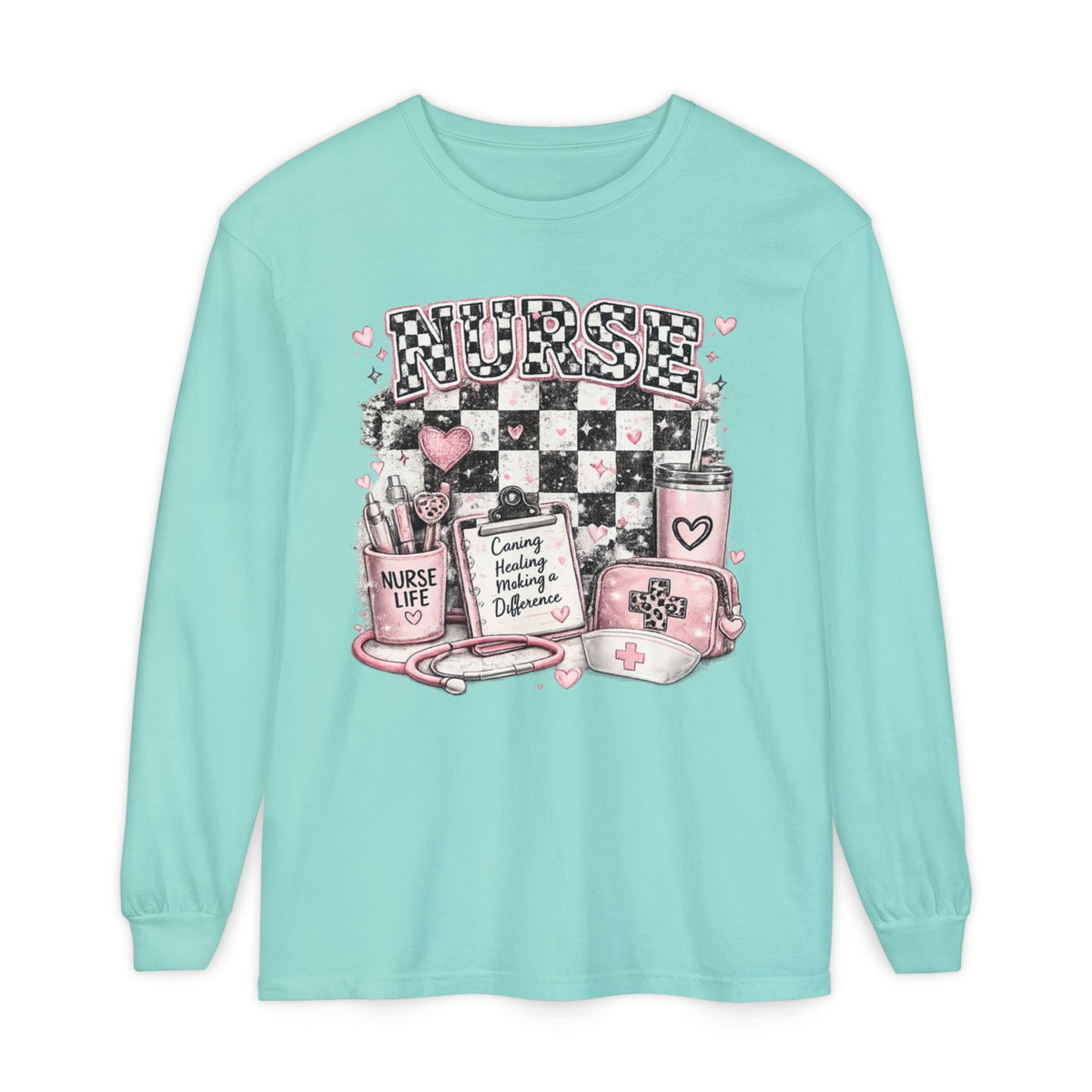 Nurse Life Long Sleeve Tee — Pink Checkerboard