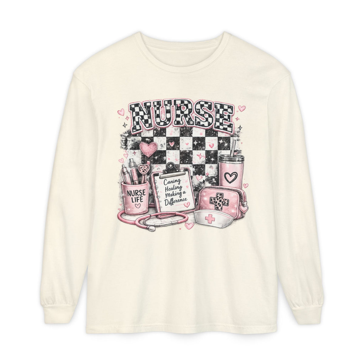 Nurse Life Long Sleeve Tee — Pink Checkerboard