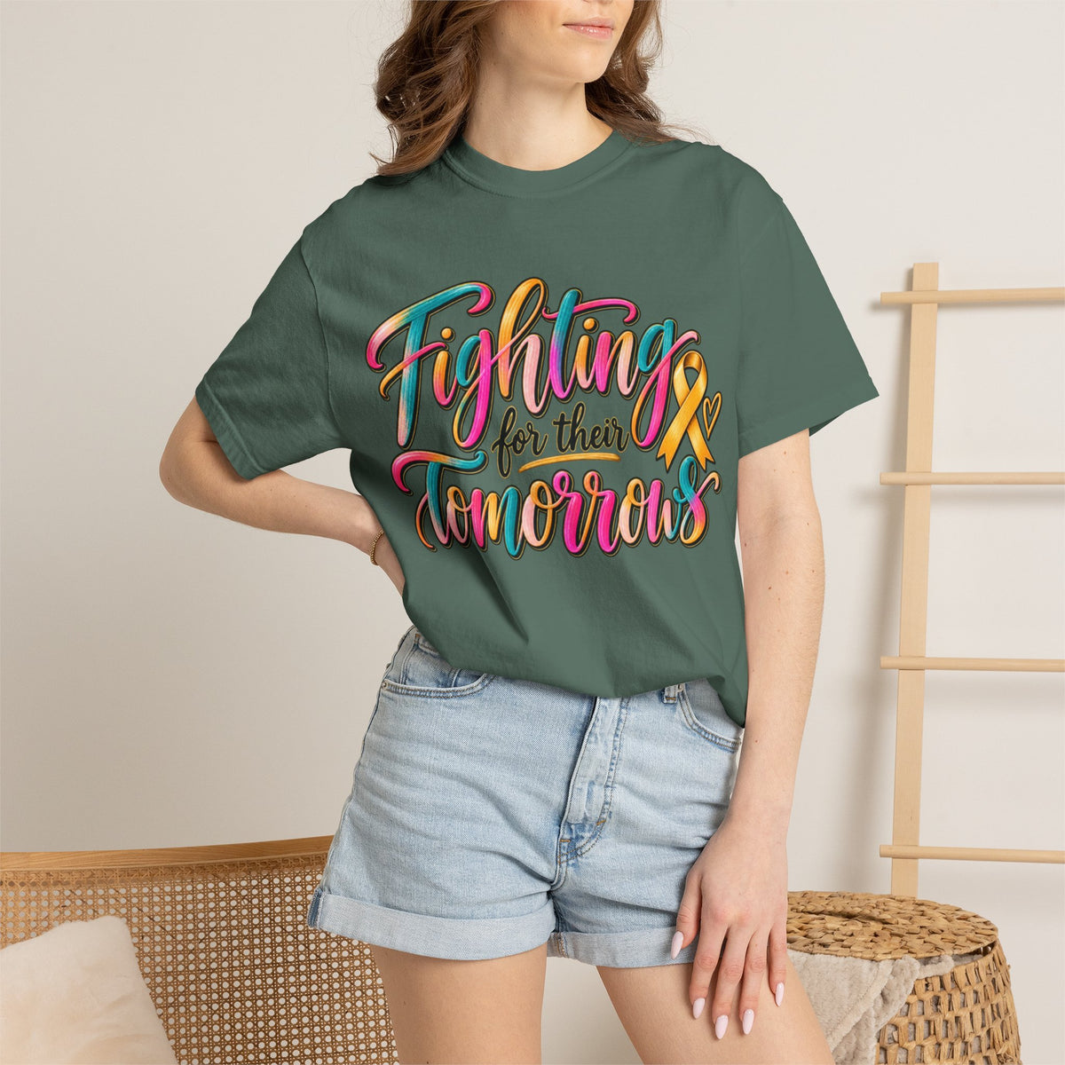 Women Comfort Colors Fighting for Their Tomorrows T-Shirt — Childhood Cancer Awareness Ribbon Tee