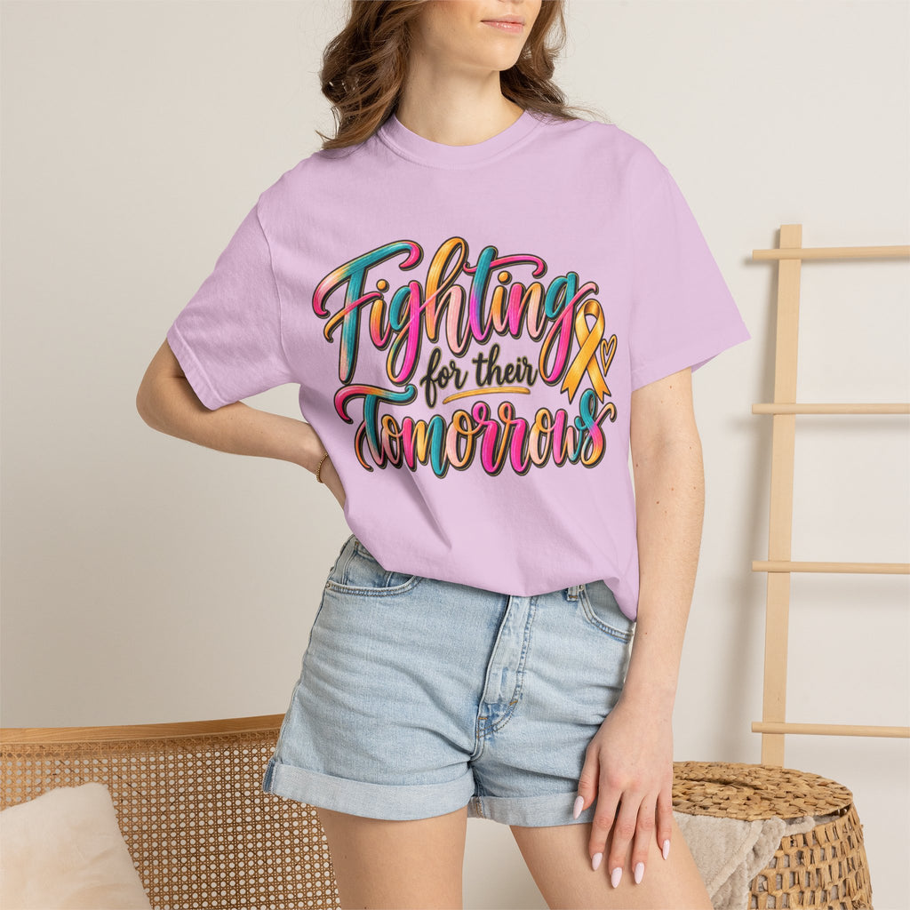 Women Comfort Colors Fighting for Their Tomorrows T-Shirt — Childhood Cancer Awareness Ribbon Tee