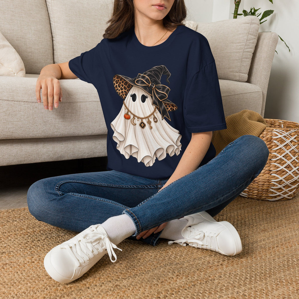 Women Halloween Ghost with Witch Hat T-Shirt