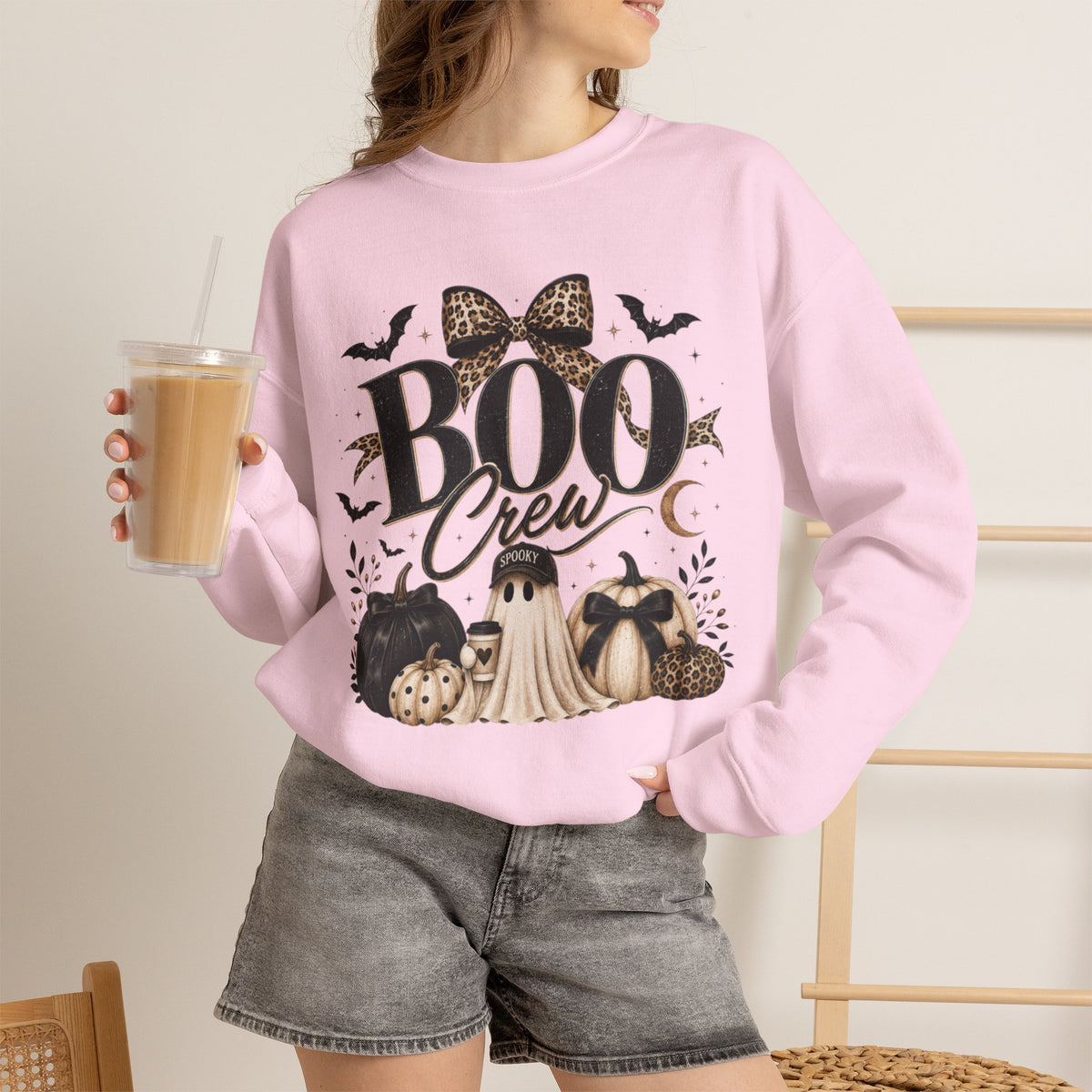 Women Boo Crew Halloween Sweatshirt — Cute Ghosts & Leopard Bow Fall Crewneck