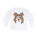 Women Halloween Checkerboard Bow Long Sleeve Tee — Pumpkin Charm Graphic